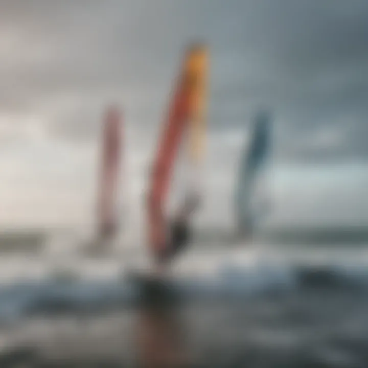 A group of athletes engaged in windsurfing near the shore of Cold Hawaii.