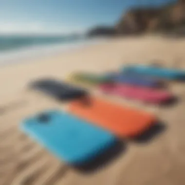 Colorful boogie boards lined up on a sandy beach