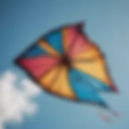 A vibrant competition kite soaring against a clear blue sky