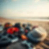 An array of kitesurfing gear laid out on the beach