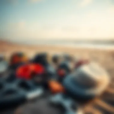 An array of kitesurfing gear laid out on the beach