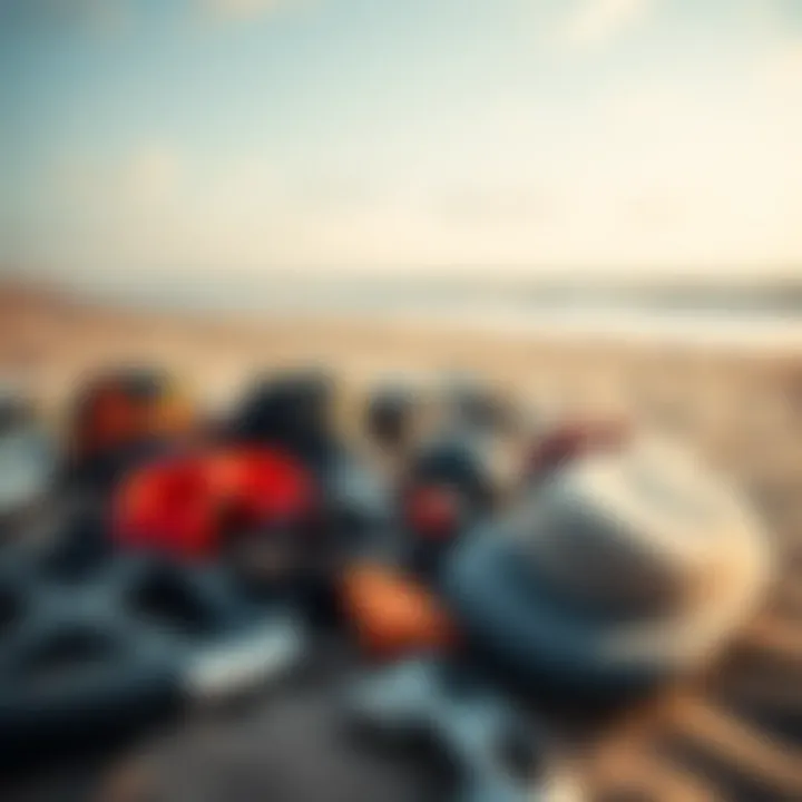 An array of kitesurfing gear laid out on the beach
