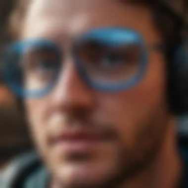 Close-up of the blue light lens technology in aviator glasses.