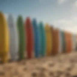 A diverse selection of surfboards lined up on the beach