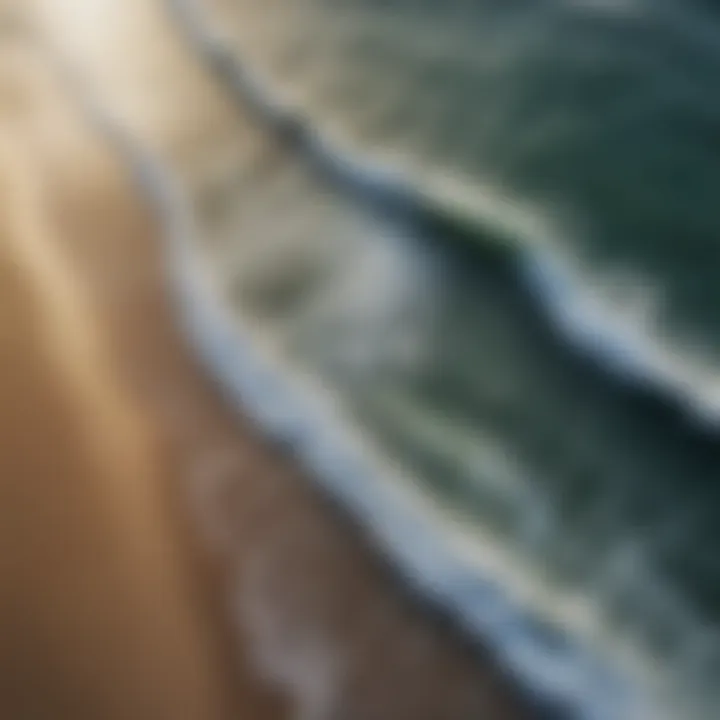 An aerial view of a coastal area, highlighting wave patterns and swell direction