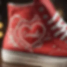 Intricate Heart Embroidery Detail on Converse Red Heart High Tops