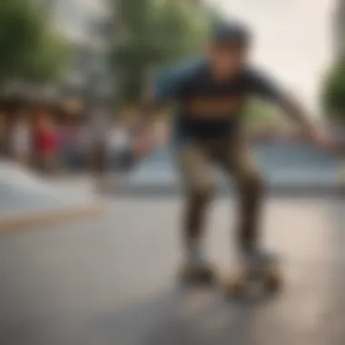 A vibrant skatepark filled with skaters demonstrating unique tricks and styles