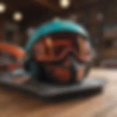 Colorful snowboard gear displayed on a wooden surface