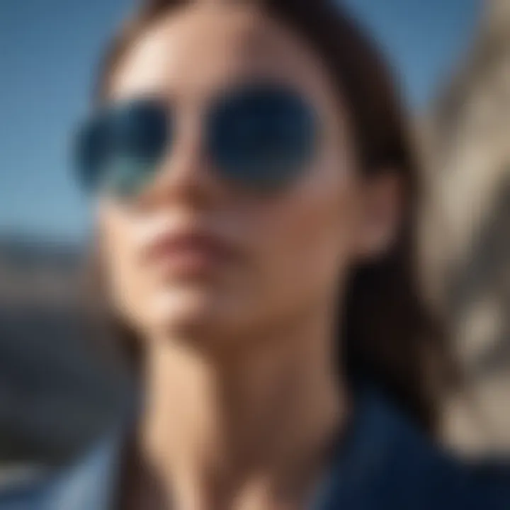 Dark blue aviator sunglasses in a high-fashion editorial setting