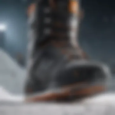 Close-up of DC snowboarding boots with icy backdrop