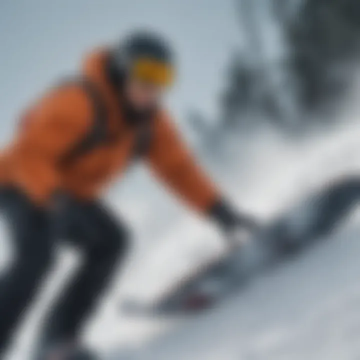 Rider carving through snow on a DC snowboard