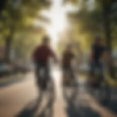 A group of diverse city dwellers enjoying a ride on their ebikes in a park.