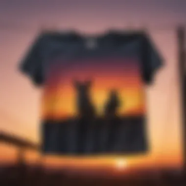 Sunset Silhouettes: Canine Artistry in Fashion Artistic shot of a dog photo t-shirt hanging on a clothesline against a vibrant sunset backdrop