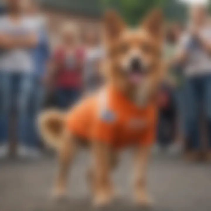 Group of fashion-forward individuals wearing dog photo t-shirts at a trendy outdoor event