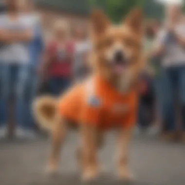 Canine Catwalk: Fashionistas Unleashing Style Group of fashion-forward individuals wearing dog photo t-shirts at a trendy outdoor event