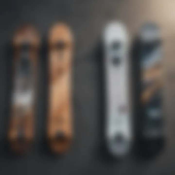 Top view of a selection of high-performance downhill boards lined up