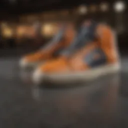 A close-up of trendy skate shoes on a textured surface