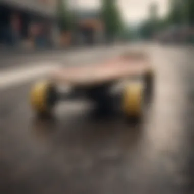 Close-up view of a drop-through longboard showcasing its unique deck design and truck setup.