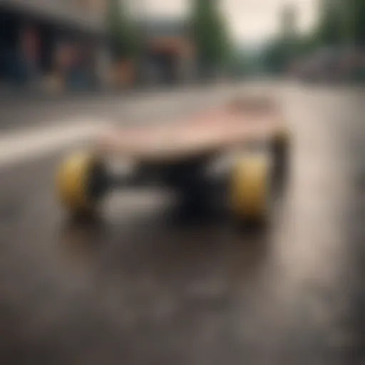 Close-up view of a drop-through longboard showcasing its unique deck design and truck setup.