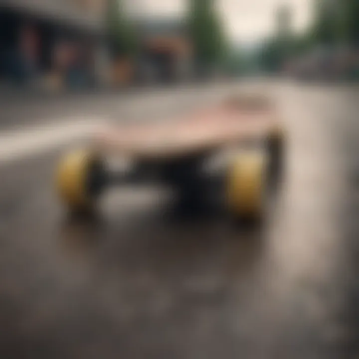 Close-up view of a drop-through longboard showcasing its unique deck design and truck setup.