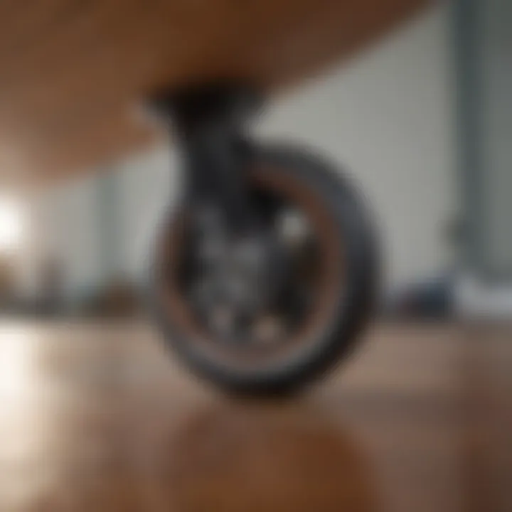 Detailed shot of a drop-through longboard's wheels and bearings highlighting their performance features.