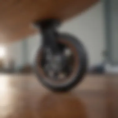 Performance Features of Drop-Through Longboard Wheels Detailed shot of a drop-through longboard's wheels and bearings highlighting their performance features.