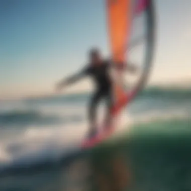 Dynamic maneuvering of kite surfer against vibrant waves at Long Beach