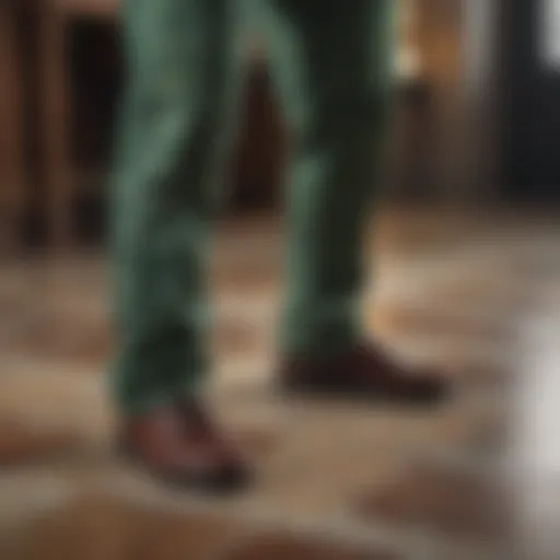 Elegant green plaid pants on marble floor