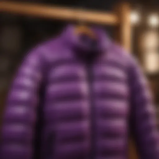 Elegant purple puffer jacket hanging on a wooden hanger