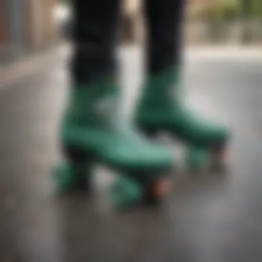 Skating on Urban Edge Emerald Green Roller Skates on Grungy Concrete Surface
