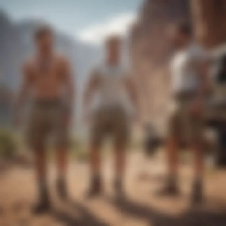 A group of adventure seekers wearing long chino shorts preparing for an epic expedition