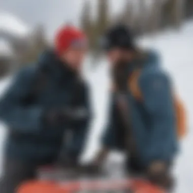 Personalized Guidance from Snowboard Experts Expert snowboard instructor assisting a customer with gear