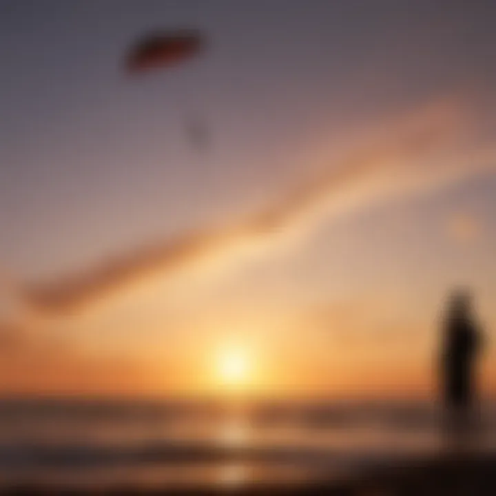 Silhouette of a kite enthusiast performing a daring trick at sunset