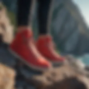 All-red shoes poised on the edge of a cliff, symbolizing the thrill of extreme sports