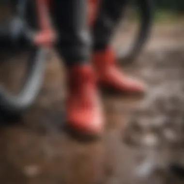 Close-up of all-red shoes splattered with mud after an intense off-road biking session