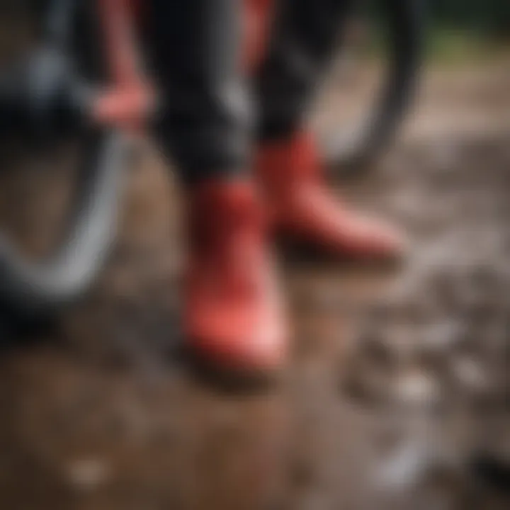 Close-up of all-red shoes splattered with mud after an intense off-road biking session