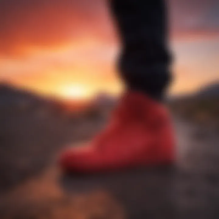 Silhouettes of extreme sports enthusiasts in all-red shoes against a fiery sunset sky