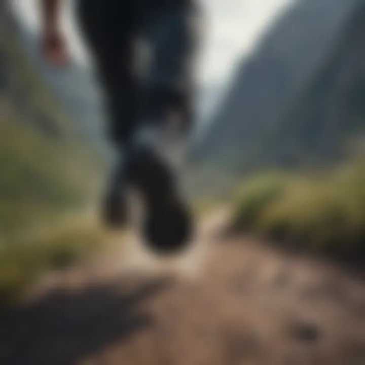 Athlete wearing black leather Nike shoes speeding down a mountain trail