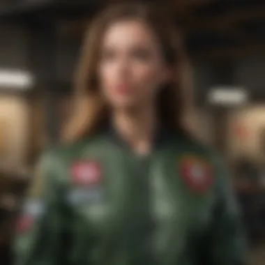 Custom-designed army green bomber jacket with unique patches.