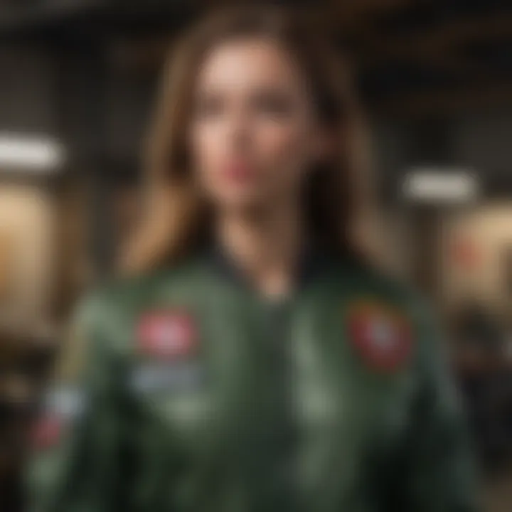 Custom-designed army green bomber jacket with unique patches.