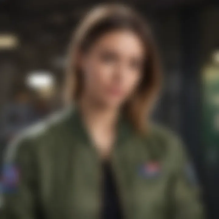 A fashionable individual layering an army green bomber jacket with casual attire.
