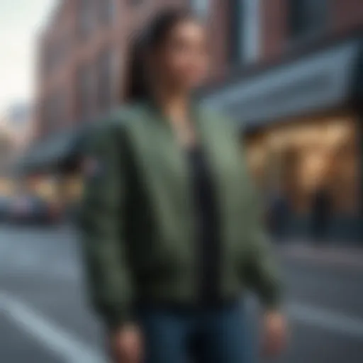 Stylish army green bomber jacket showcased in an urban setting.