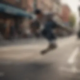Skateboarder performing kickflip on urban street