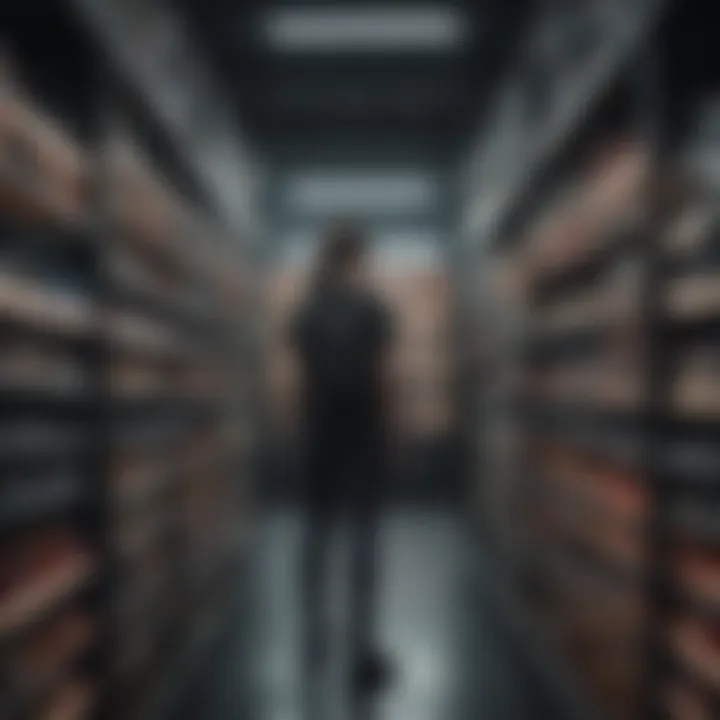 A shopper browsing through racks filled with discounted apparel.