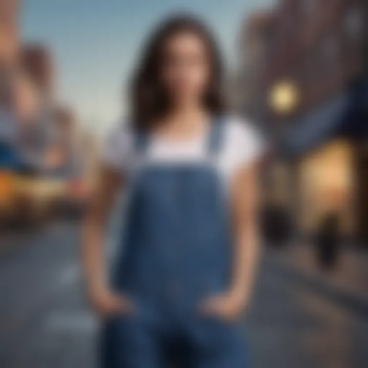 A stylish woman showcasing baggy denim overalls in an urban setting.