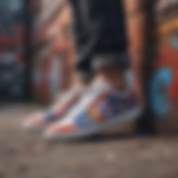 Trendy streetwear sneakers against a graffiti backdrop