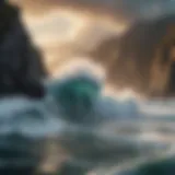 Aerial view of colossal waves crashing against rocky cliffs