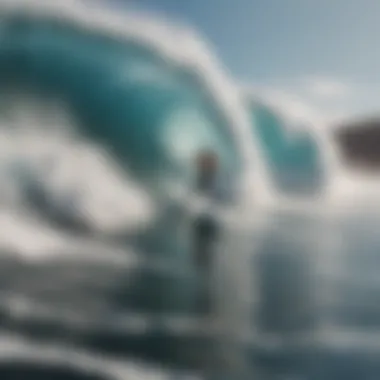 Surfer riding an enormous wave with determination