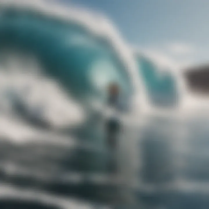 Surfer riding an enormous wave with determination