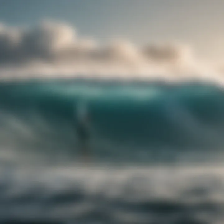 A group of surfers preparing to face towering waves